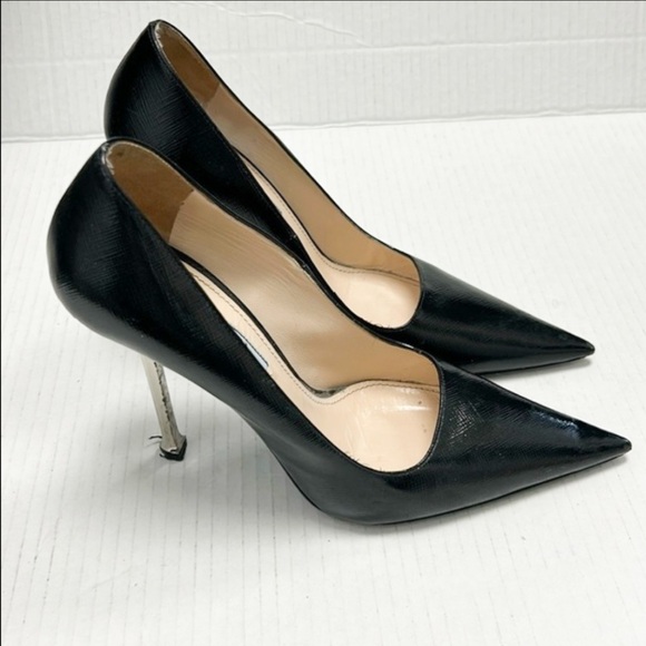 Prada black leather pointy toe heels